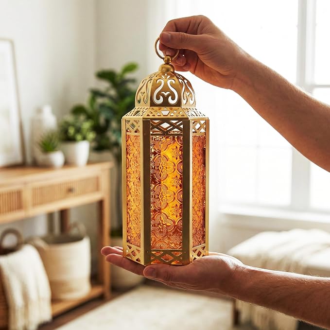 Vela Lanterns Decorative Indoor Moroccan Candle Holder, Gold Amber, M