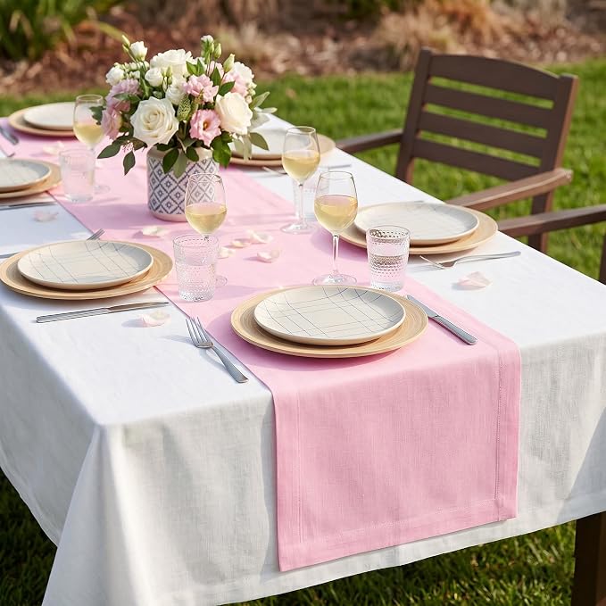 Solino Home 100% Pure Linen Table Runner Pink Lemonade, Fete 14 x 120 in | styles dining tables for meals and celebrations, European flax fibres, soft to the touch, Pink Lemonade, OEKO-TEX Certified