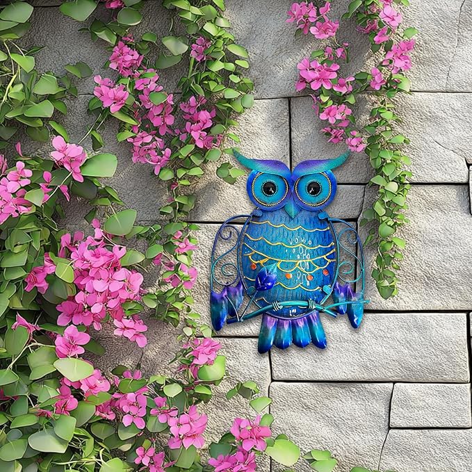 LIFFY Metal Owl Wall Decor - Cute Colorful Outdoor Wall Art - Glass Hanging Garden Decor for Patio, Porch or Door, Owl Gifts for Women