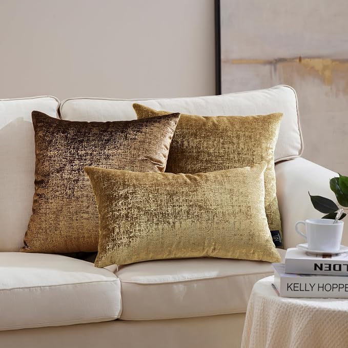 Phantoscope Pack of 2 Sparkling Velvet Decorative Solid Throw Decorative Pillow Cover Soft Gold Glitter Square Cushion Cover Pillowcase for Couch Bed and Chair, Gold, 12 x 20 inches, 30 x 50 cm