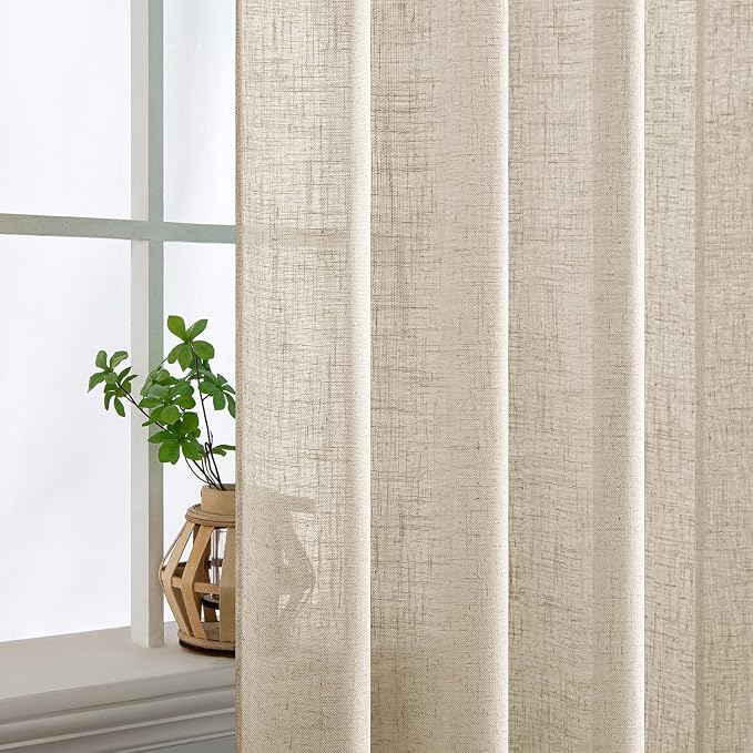 MIULEE Beige Linen Curtains 52x90 Inch 2 Panels for Bedroom Living Room | Long, Soft Linen Textured Window Drapes, Semi Sheer Light Filtering, Back Tab Rod Pocket, Farmhouse Modern Burlap Look Decor