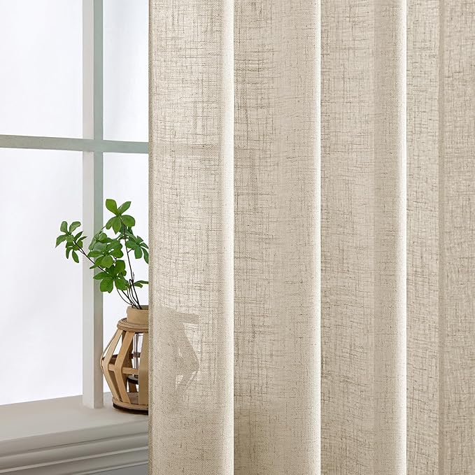 MIULEE Beige Linen Curtains 52x108 Inches 2 Panels for Bedroom Living Room | Long, Soft Linen Textured Window Drapes, Semi Sheer Light Filtering, Back Tab Rod Pocket, Farmhouse Modern Burlap Look Decor