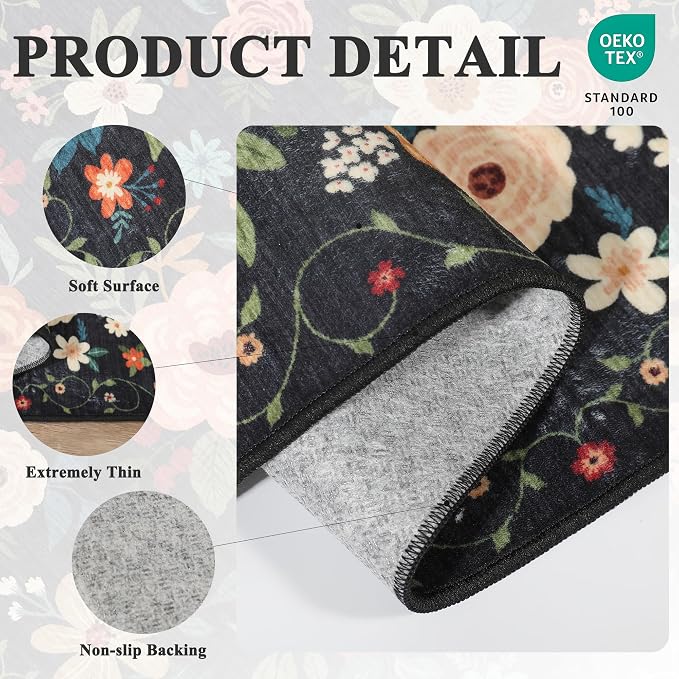 DUKINO 3x4 Area Rug, Floral Washable Rug for Kitchen Non Slip, Black | Low Pile, Soft, Stain Resistant Indoor Rug for Entryway, Bedroom, Bathroom, Laundry, Pet Friendly, Home Decor, Lightweight