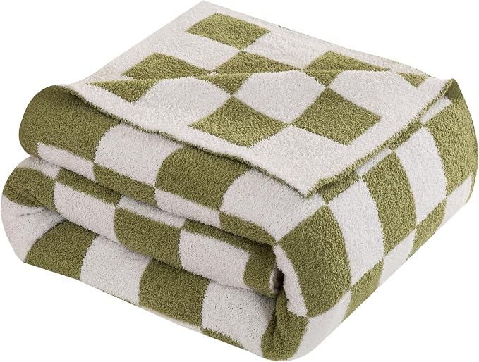 Elegant Comfort Premium Checkered Reversible Throw Blanket - Ultra Soft and Lightweight, Luxury Knitted Breathable Fleece for Couch, Bed, Sofa - Warm Velvet Fluffy Throw, 50 x 70 Inch, Sage