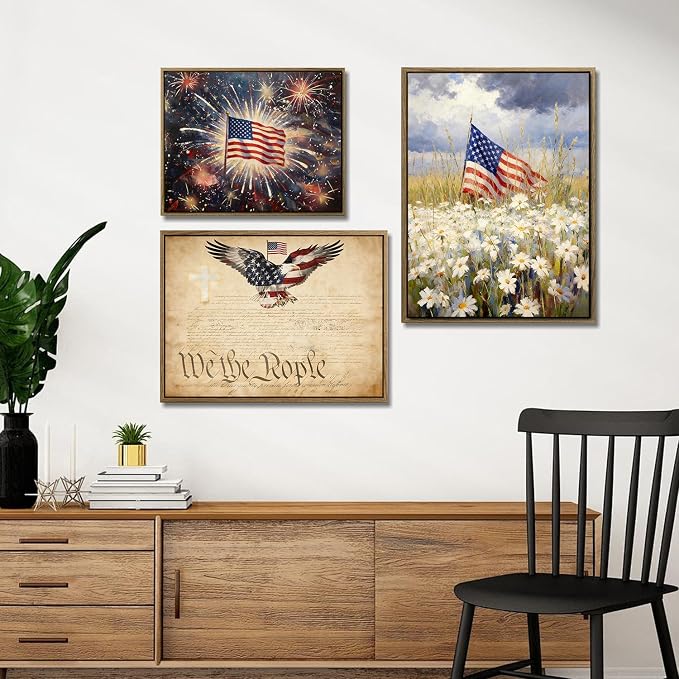 American Flag Framed Canvas Wall Art, 4th of July Patriotic Canvas Prints | USA Flag with Bald Eagle Poster Print, Vintage Independence Day Wall Decor for Bedroom Living Room 8×10in