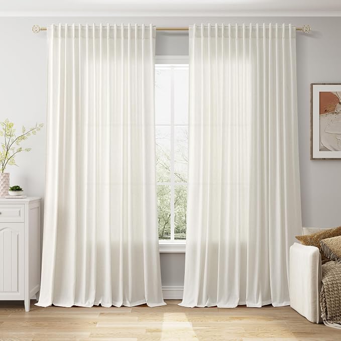 Cream Extra Wide Linen Curtains for Living Room Light Filtering Semi Sheer Curtains for Sliding Door Natural Coastal Decor Sunroom Floor to Ceiling Window Curtain 2 Panels Set 100x102