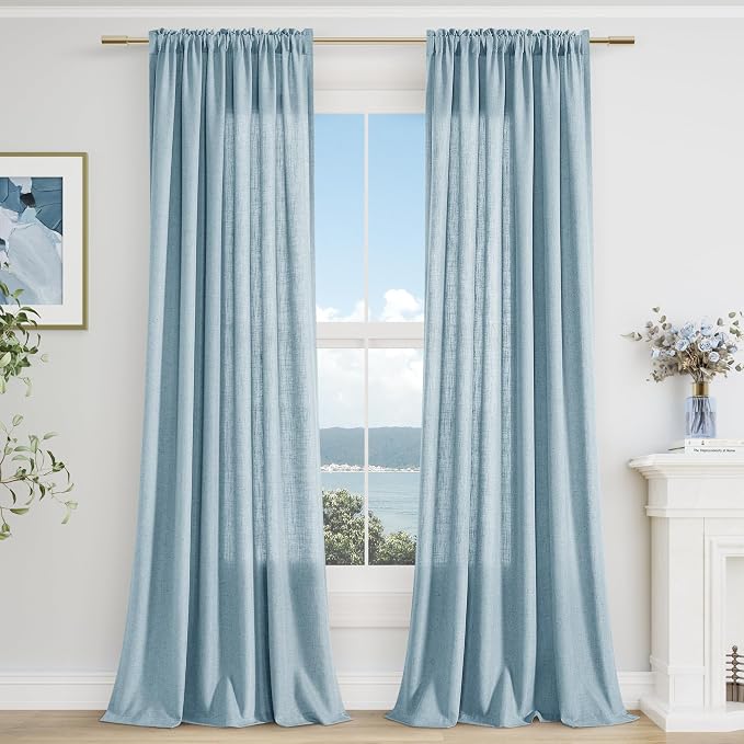 Light Blue Linen Curtains 96 Inches Long 2 Panel Set Rod Pocket Semi Sheer Dining Room Cozy Bedroom Decor Cotton Look Country Rustic Farmhouse Boho Curtains 52x96