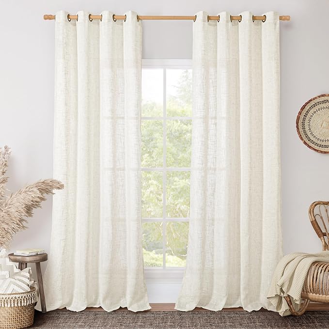 Cream Linen Sheer Curtains 84 inch Length for Living Room 2 Panels | Light Filtering, Bedroom, Curtains for Farmhouse, Dining Room, Linen Textured, Boho, Bronze Grommet Drapes, 52 x 84 Inch