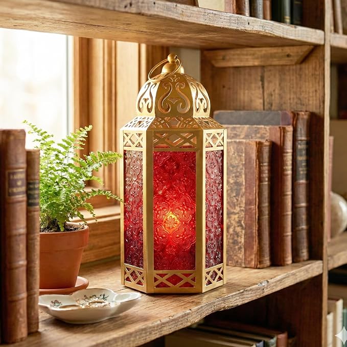 Vela Lanterns 12" Metal Moroccan Decorative Candle Lantern Holders for Hanging or Table, Indoor Home Decor, Outdoor Patio or Porch, Weddings, Gold, Red Glass, Large