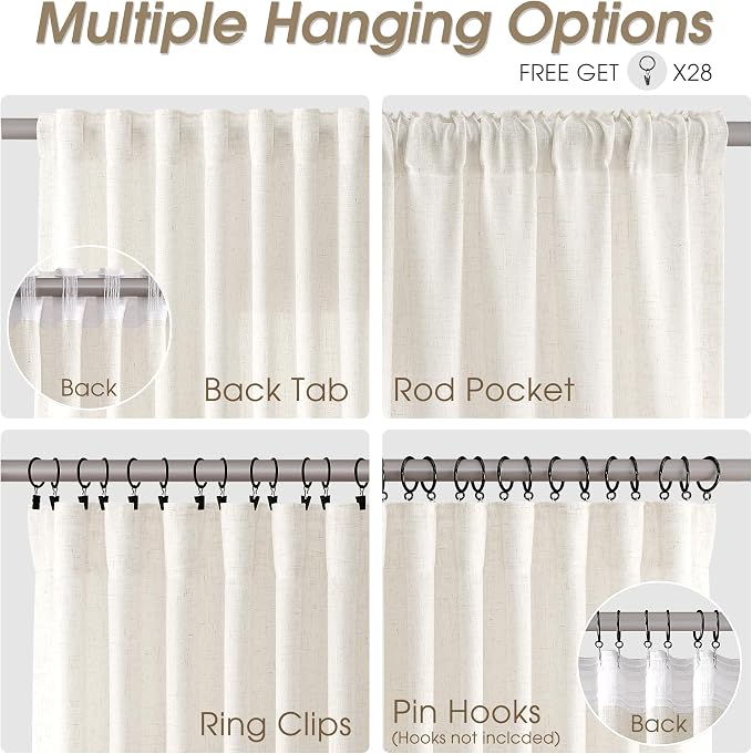 Linen Curtains 90 Inches Long for Living Room Semi Sheer Light Filtering Curtain Back Tab Rod Pocket Neutral Boho Modern Farmhouse Decor Window Drapes for Bedroom 52x90 2 Panels Beige White