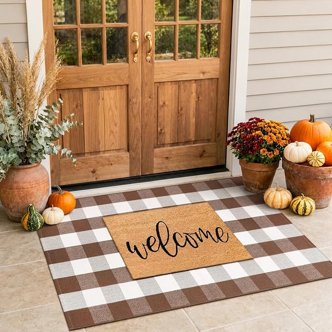 LEEVAN Fall Buffalo Plaid Outdoor Rugs 3x5, Brown and White Porch Rug | Washable Woven Welcome Layered Modern Farmhouse Checkered Entryway Door Mat for Kitchen Bathroom Fall Front Door
