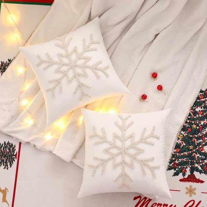Christmas Throw Pillow Covers 18x18 Set of 2 Beige Xmas Snowflake