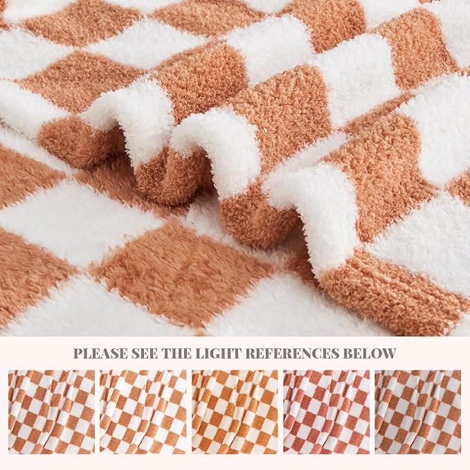 Caramel Orange Checkered Twin Size Blanket, Soft Plush Microfiber Fleece Blanket for Couch Sofa Bed, Cozy Decorative Home Blanket, All Season, 60x80 Inches