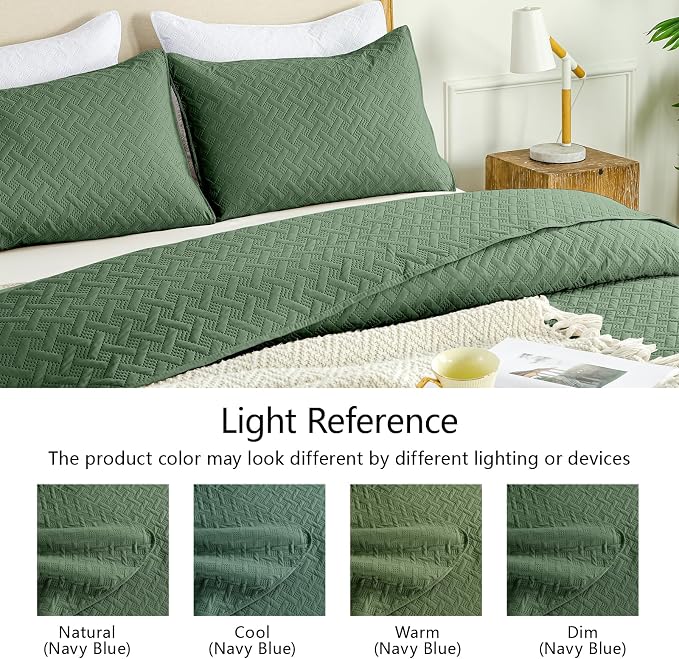 FLYMME Queen Quilt Bedding Set Olive Green Lightweight Bedspreads Full Size,Modern Style Geometric Weave Stripe Pattern,Soft Microfiber Bed Coverlet for All Season (1 Quilt, 2 Shams)