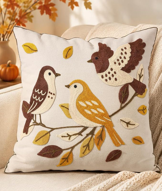 Bird Leaves Embroidered Throw Pillow Cover 18x18 Inch Fall Farmhouse