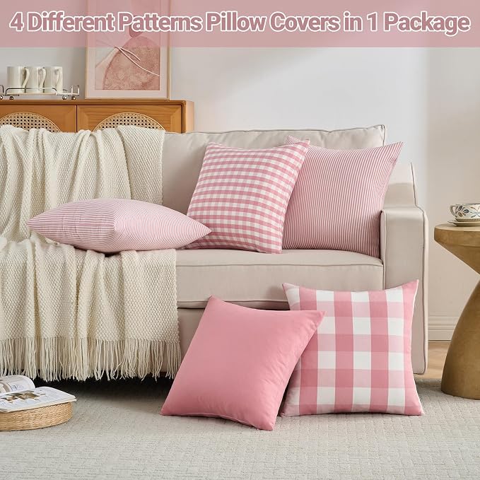 Cute Light Pink and White Buffalo Check Plaid Pillow Covers 18x18 Set of 2 | Light Pink Outdoor Throw Pillows 18 x 18, Cute Girly Pink Room Decor, Soft and Durable Textured Pillow Covers for Couch Bed