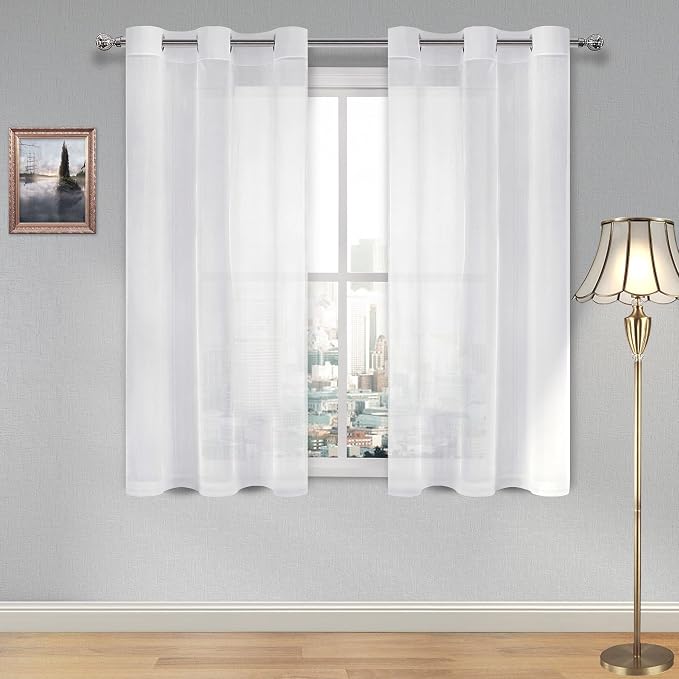 DWCN White Sheer Curtains, Grommet Top Faux Linen Look Voile Semi Transparent Solid Window Sheer Curtains Drapes for Bedroom Living Room, Set of 2 Panels 42 x 45 Inch Long, White