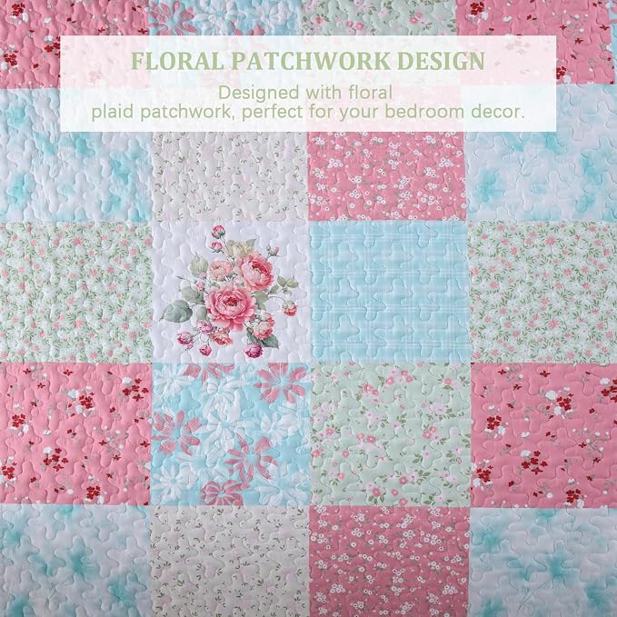 Mybedsoul Boho Quilt King Size, Patchwork Floral Bedding Set, Blue Pink | Soft Lightweight Microfiber Coverlet Set, 3 Pieces Plaid Reversible Bedspread, Bed Sets for All Seasons 90"x110"