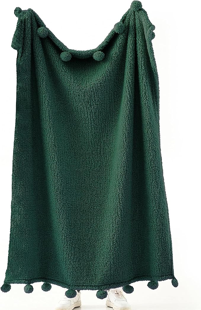 HORIMOTE HOME Ultra Soft Sherpa Throw Blanket with Pompom Fringe, Lightweight Plush Boho Throw Blanket for Couch, Sofa, Bedroom,Travel, Christmas Decor, Warm Blanket for Winter, 60"x80", Green