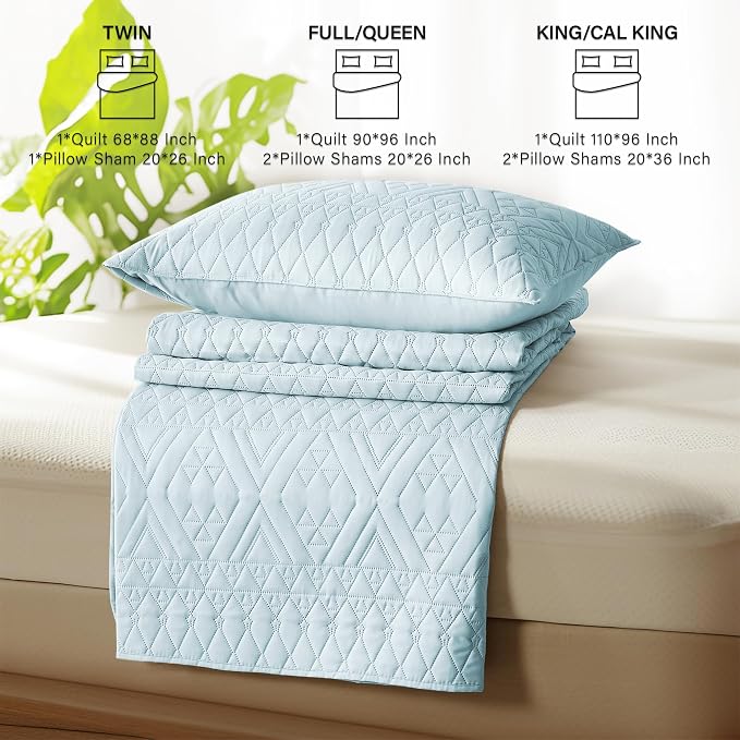 akkialla Twin Size Quilt Bedding Set,Sky Blue Lightweight Microfiber Soft Bedspreads,Modern Style Geoetric Pattern Coverlet Set for All Seasons,2 Piece(1 Quilt,1Pillow Sham)
