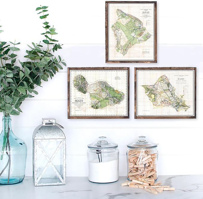 Vintage Hawaii Survey Maps Art Prints (Set of 3) - Unframed - 8x10s | Wall Décor for Those Dreaming of Tropical Escapes and Island Adventures | Living Room Décor | Bathroom Décor | Room Décor