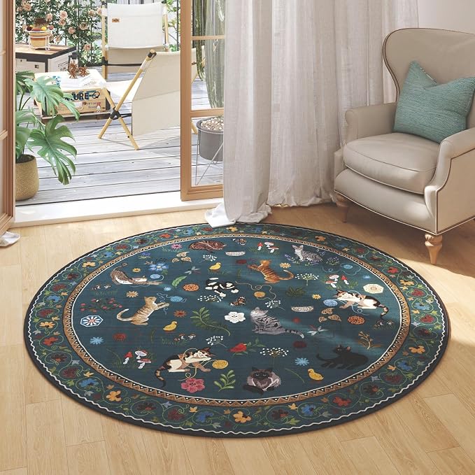 Rugcomf Round Rug 4ft Washable Circle Rug Non Slip Low Pile Boho Floral Animal Cat Small Circular Rug for Bedroom Bathroom Entryway Kids Room Office College Dorm, Pearl Gentian Blue