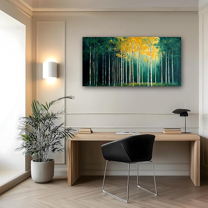 40x20 Inch Birch Tree Canvas Wall Art, Large Panoramic Autumn Forest Painting, Textured Green & Yellow Landscape Wall Decor, Framed Modern Nature Artwork for Living Room Bedroom Office Home Decoration