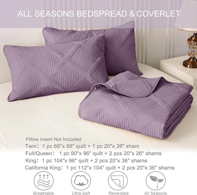 Exclusivo Mezcla Quilts Queen Size, Dusty Lavender | Soft Bedspreads with 2 Pillow Shams, Modern Striped Pattern, Lightweight Bedding Set Coverlets for All Seasons, 90x96 Inch