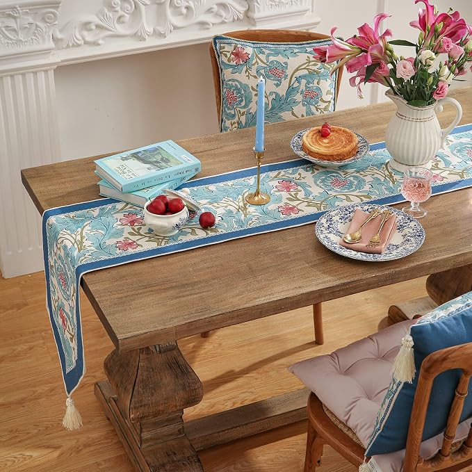 Patdrea Designer Vintage French Linen Table Runner,12"X102"-from | Tablerunner 102 Inches Long,Elegant Blue Floral Pattern,Thanksgiving Dining Table Decor for Living Room Banquet