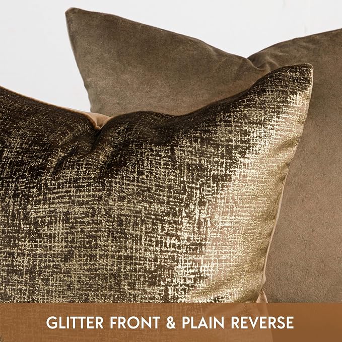 Phantoscope Pack of 2 Sparkling Velvet Decorative Throw Pillow Covers Soft Gold Glitter Square Cushion Cover Pillowcase for Couch Bed and Chair, Dark Brown, 12 x 20 inches, 30 x 50 cm