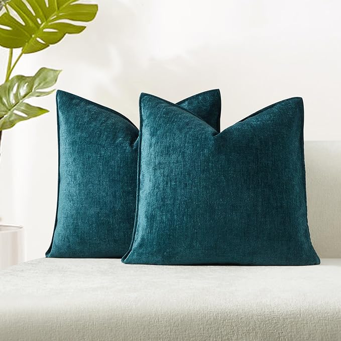 16x16 Chenille Decorative Throw Pillow Covers Case Set of 2,Peacock Blue | JUSPURBET Cozy Soft Cushion Covers with Invisible Zipper for Couch Sofa Bed Home Decor Living Room