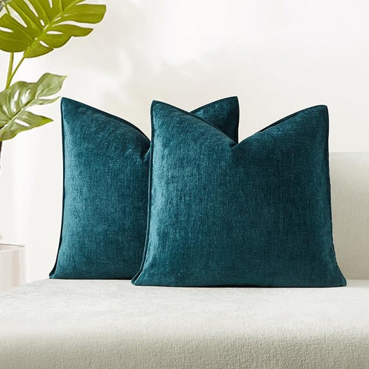 16x16 Chenille Decorative Throw Pillow Covers Case Set of 2,Peacock Blue | JUSPURBET Cozy Soft Cushion Covers with Invisible Zipper for Couch Sofa Bed Home Decor Living Room