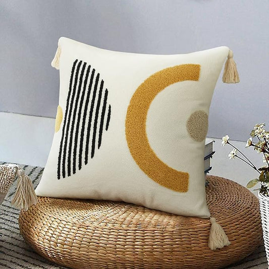 Merrycolor Boho Throw Pillow Covers with Tassels 18x18 Yellow Mid Century Modern Throw Pillows Geometric Decorative Abstract Pillow Cases Textured Boho Accent Pillows for Bed Couch Living Room,1PC