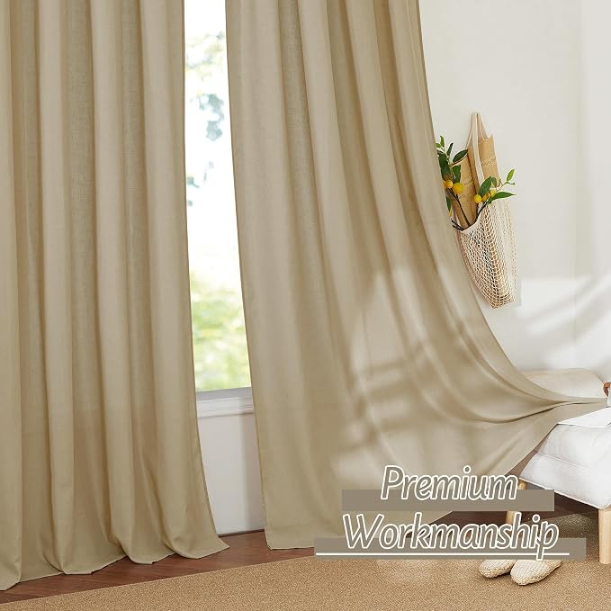 RYB HOME Linen Sheer Curtains 2 Panels for Living Room, Semi Transparent Privacy Drapes with Rod Pocket Farmhouse Style Window Treatments for Bedroom, Camel, 52" W x 102" L