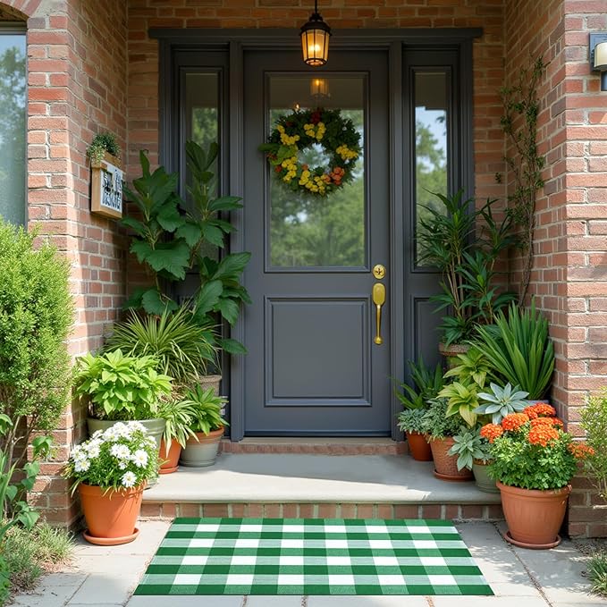 Buffalo Plaid Area Rug, Checkered Rug 27.5x43 Inches, Green and White Rug, Washable Cotton Mat for Front Porch, Entryway, Kitchen, Living Room, Home Decor