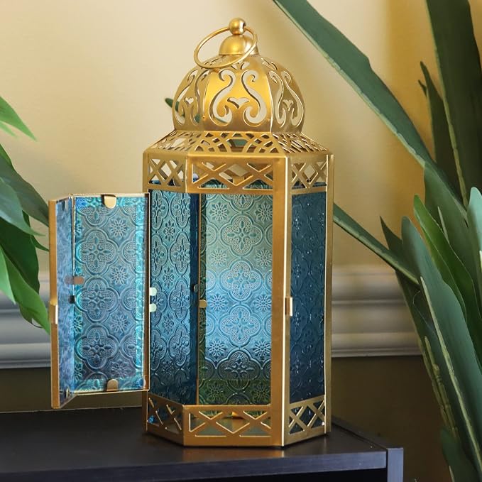 VELA LANTERNS 12" Gold Metal Moroccan Decorative Candle Lantern Holder for Hanging or Table Centerpieces, Exotic Indoor Home Decor, Outdoor Patio or Porch, Weddings, Ramadan, Assorted, Large, 6-Pack