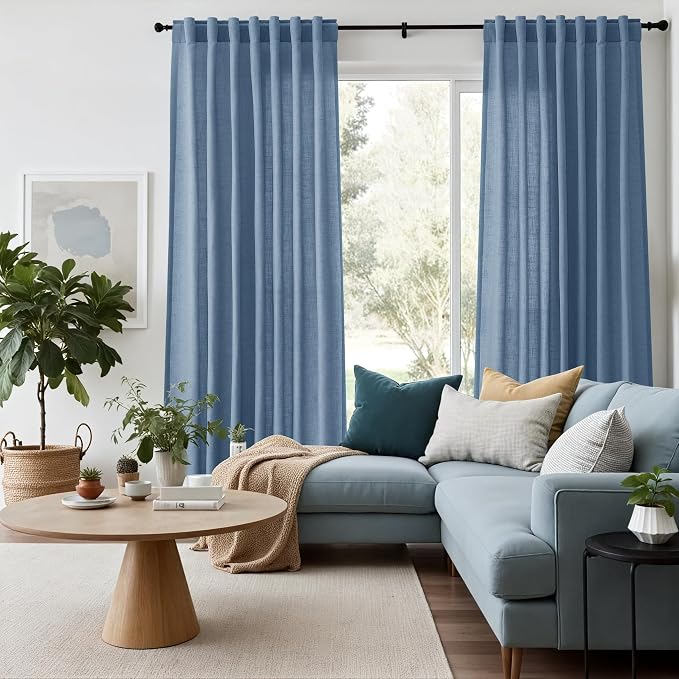 Stone Blue Linen Curtains 120 Inch Extra Long for Living Room Back Tab Light Filtering Semi Sheer Drapes Modern Farmhouse Boho Textured Curtain for Floor to Ceiling High Window 52x120,2 Panels