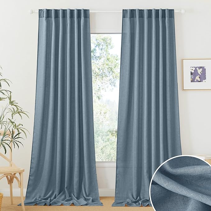 RYB HOME Sheer Curtains 108 inches, Extra Long Floor to Ceiling Curtains | Light Filtering Privacy,Faux Linen Fabric,Living Room Bedroom Sliding Glass Door,Back Tab,W52 x L108,2 Panels,Stone Blue