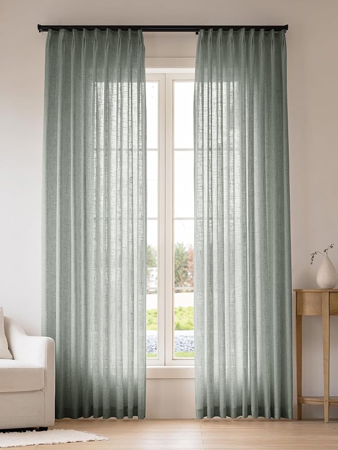 Liz Pinch Pleated Linen Curtains Light Filtering Curtains for Living Room, Farmhouse Window Curtains for Bedroom, Modern Drapes with Hooks and Rings, 102 Inches Long, Sage Green, 2 Panels Set