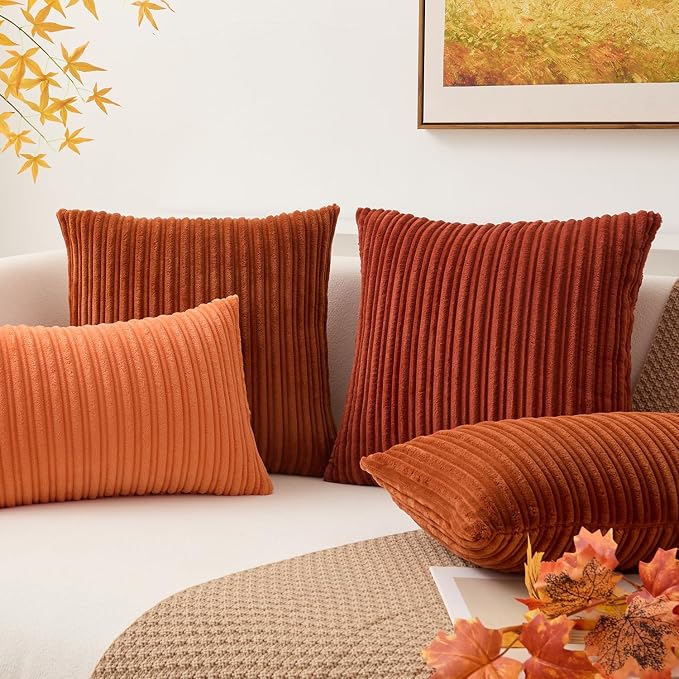 Kevin Textile Striped Corduroy 22”x22” Pillow Covers 2 Pack, Burnt Brick