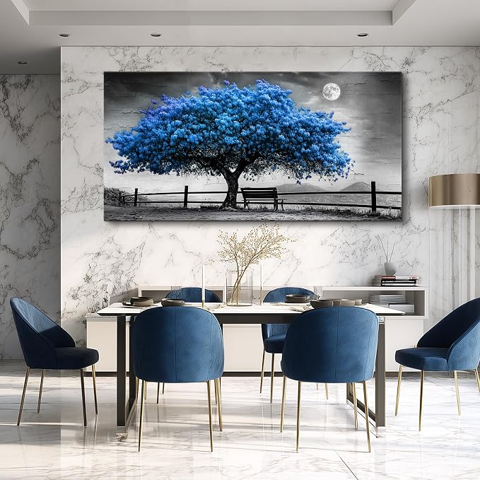 FUHAIHUA Large Wall Decor For Living Room Canvas Wall Art For Office Modern Wall Decorations For Bedroom Black And White Landscape Painting Blue Tree Pictures Artwork Room Home Decor 24x48 In