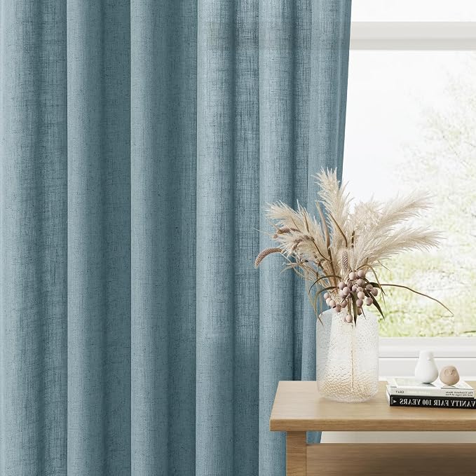 Blue Linen Curtains 120 Inch Length for Living Room Bedroom 2 Panels Set Rod Pocket Light Filtering Semi Sheer Window Curtains 52 Inch Width Boho Farmhouse Linen Drapes Dusty Blue, W52xL120