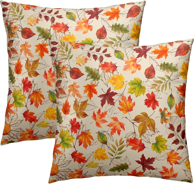 Autumn Leaves Throw Pillow Covers 16x16 inch Set of 2 Fall Maple Leaf Wild Plant Pillow Cases Thanksgiving Seasonal Farmhouse Outdoor Decor Cushion Cover for Home Porch Sofa