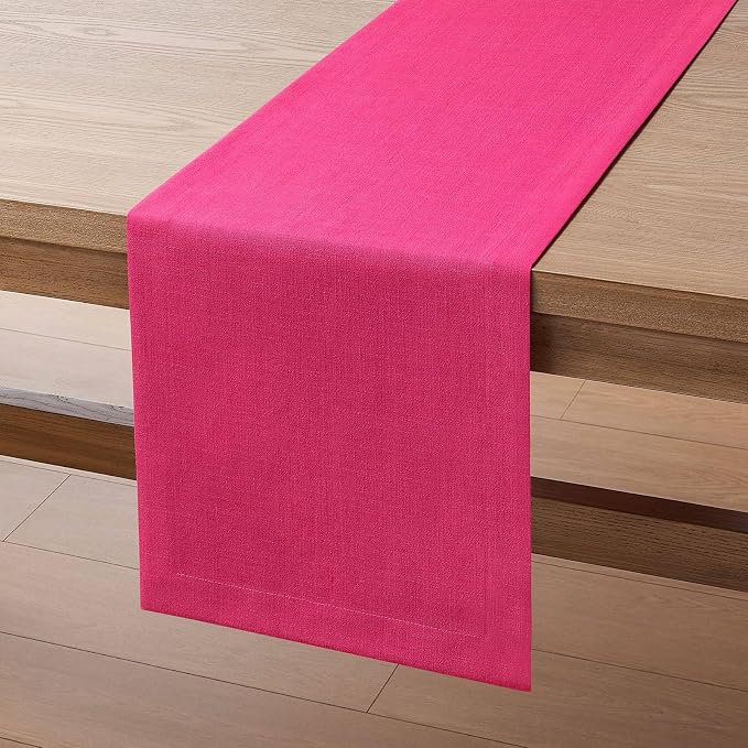 ZeeMart Linen Textured Border Table Runner, 14 x 90 Inch Hot Pink | Mitered Corner Design, Medium Weight Fabric, Modern Farmhouse Style, Machine Washable Easy Care Everyday Table Scarf
