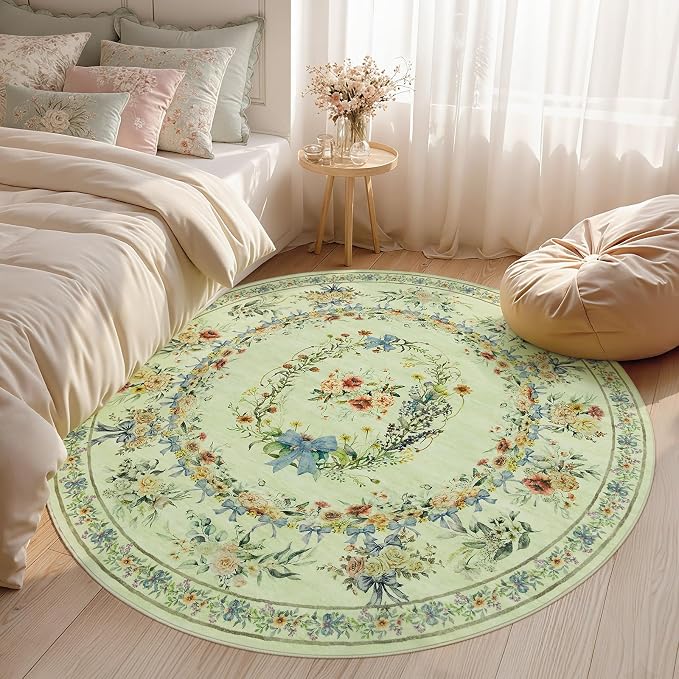 Joydeco Boho Bow Floral Machine Washable Round Rugs 5ft, Beige Flower Circle Girls Bedroom Nursery Area Rug Non Slip, Circular Indoor Carpet for Kids Playroom Living Dining Room Classroom, Beige