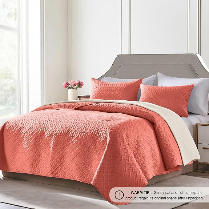 FLYMME Twin Quilt Set,Lightweight Coral Bedspreads,Basket Weave Pattern,Ultra Soft Microfiber Bedspread Bed Coverlet 2 Pieces for All-Seasons (1 Quilt,1 Shams)