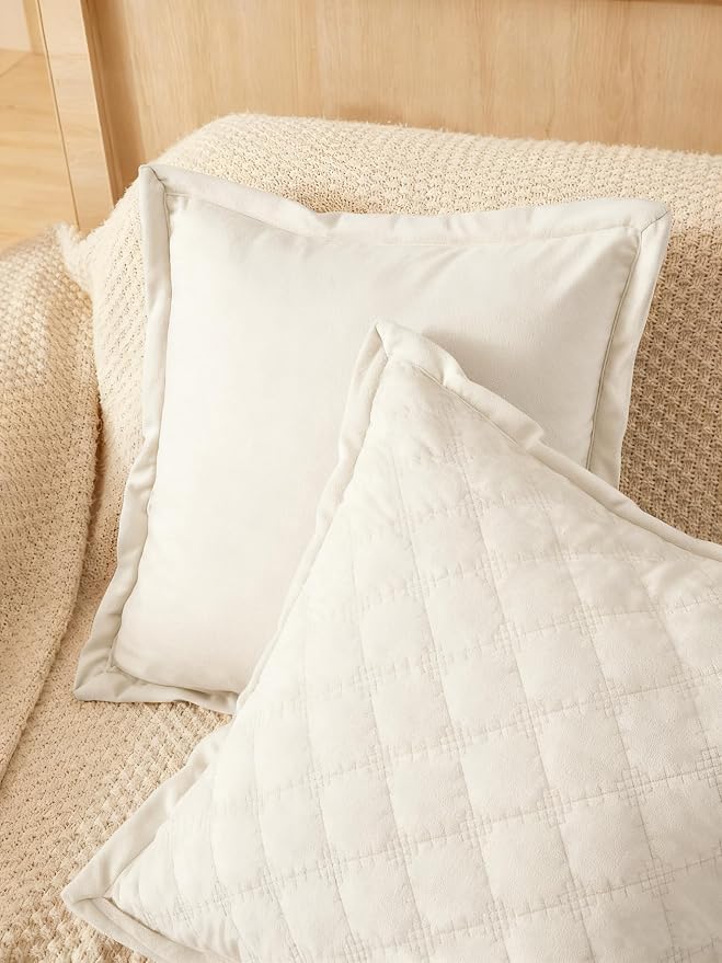Throw Pillow Cover 18x18 1 Piece Velvet Square Pillowcase Soft Skin-Friendly Cross Process Decorative Farmhouse Cushion Covers for Couch Sofa Bedroom Living Room,Ivory White