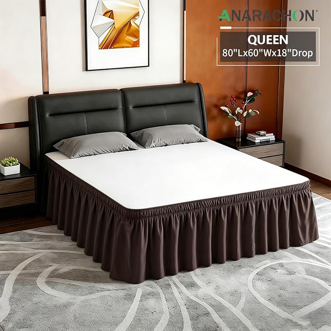 ANARACHON Queen Bed Skirt, Elastic Wrap Around Bed Skirt Queen Size, Bed Skirts for Adjustable Bed, Easy Fit with 18" Drop Length Tailored Drop Dust Ruffle (Brwon)