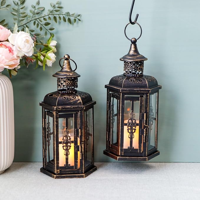 JHY DESIGN Decorative Candle Lanterns Set of 2 10" H Vintage Hanging Lanterns Metal Candleholders for Indoor Outdoor Home Parities and Weddings (Black with Gold Brush)