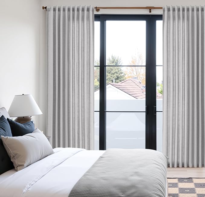 Extra Long Linen Curtains 102 Inches for Living Room Back Tab Semi Sheer Floor to Ceiling Light Filtering Curtain Boho Farmhouse Decor Window Drapes for Bedroom 2 Panels Gery